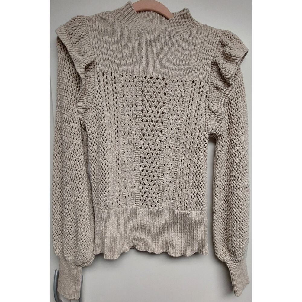 Happy Nature Ruffled Sleeve Crochet Sweater ~ Beige ~ Women's S ~ Indie ~ Retro